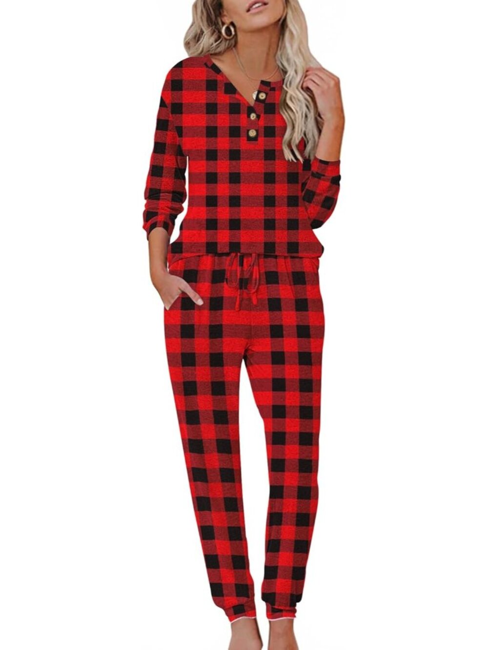 Women's Red Black Plaid Henley Neck Long Sleeve Sleepwear 2 Piece Pajama Set